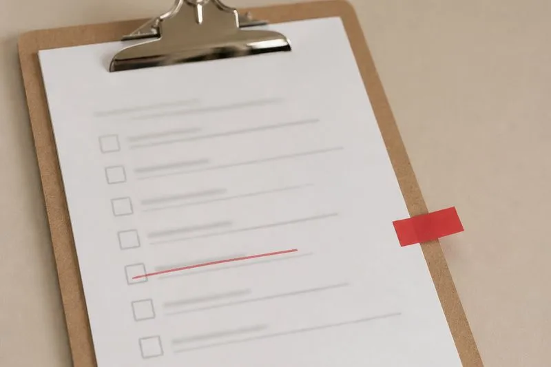 A wedding planning checklist with one item crossed out in red and a red flag sticky note, representing a planning mistake.