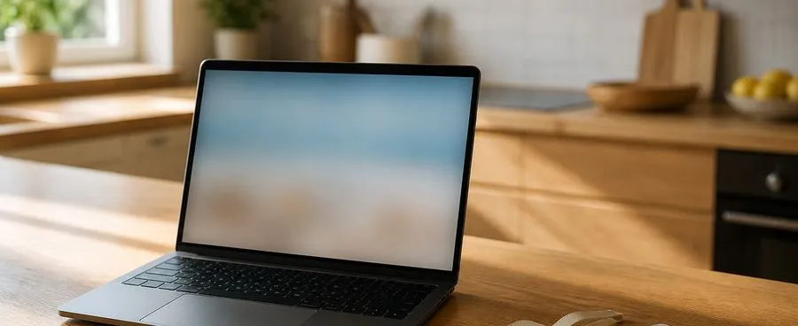 A laptop open on a kitchen counter beside a paper luggage tag, showing a honeymoon-fund page.