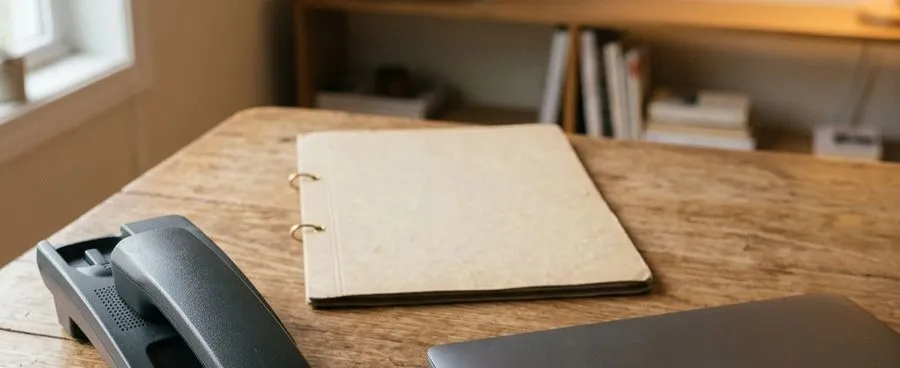 A phone off the hook, a closed laptop, and a blank travel folder arranged together, representing three different ways to book the same trip.