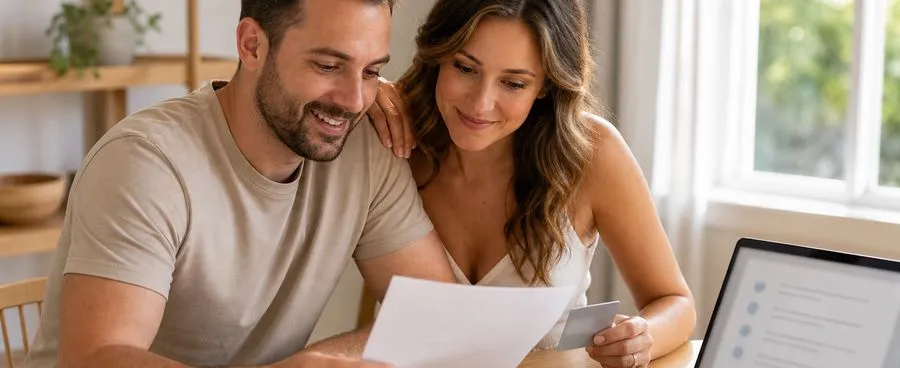 Couple reviewing honeymoon itinerary, passports, and booking documents.