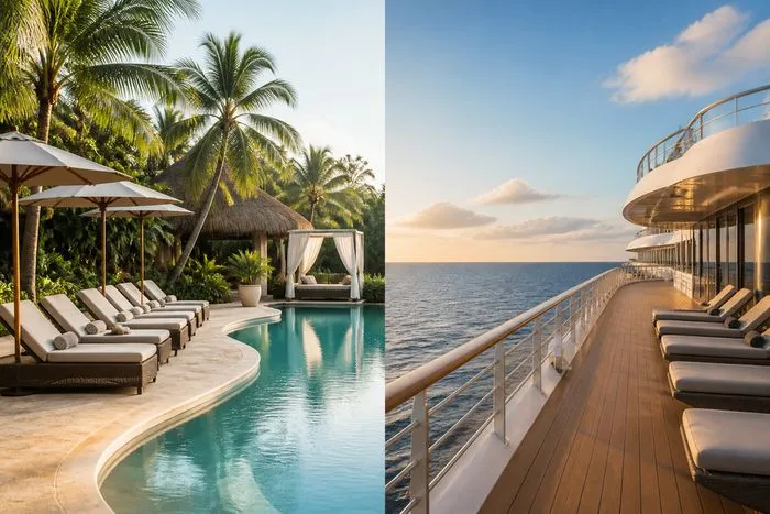 All-inclusive resort pool and cruise ship deck representing honeymoon booking choices.