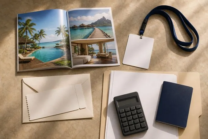 Honeymoon planning documents and travel booking options arranged on a table.