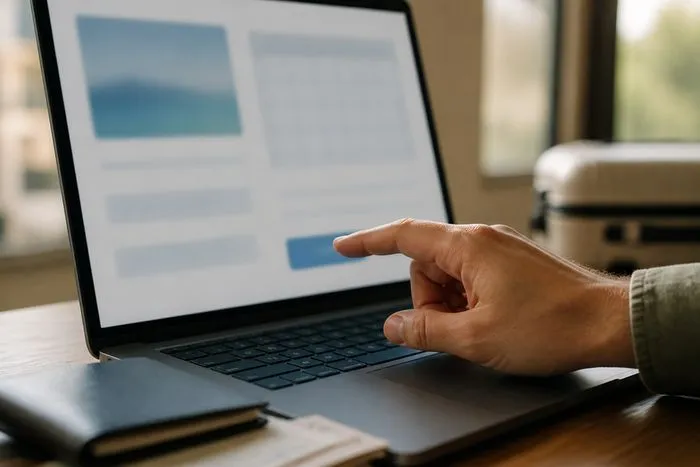 Traveler reviewing cancellation terms before paying for a honeymoon.