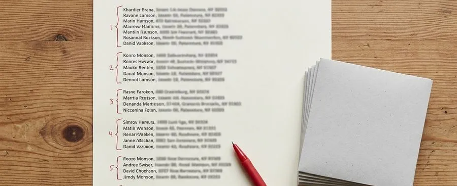 A wedding guest list with names bracketed into households next to a shorter stack of envelopes