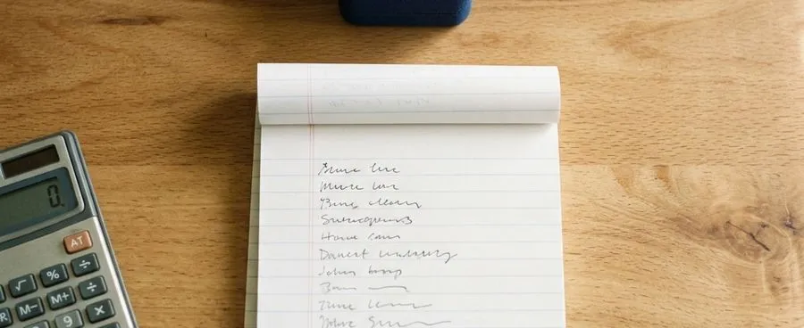 A handwritten budget list and a calculator next to a closed ring box