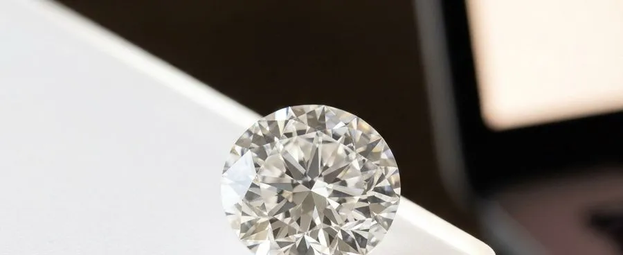 Macro photo of a loose diamond beside a glowing laptop screen, representing online diamond inspection.
