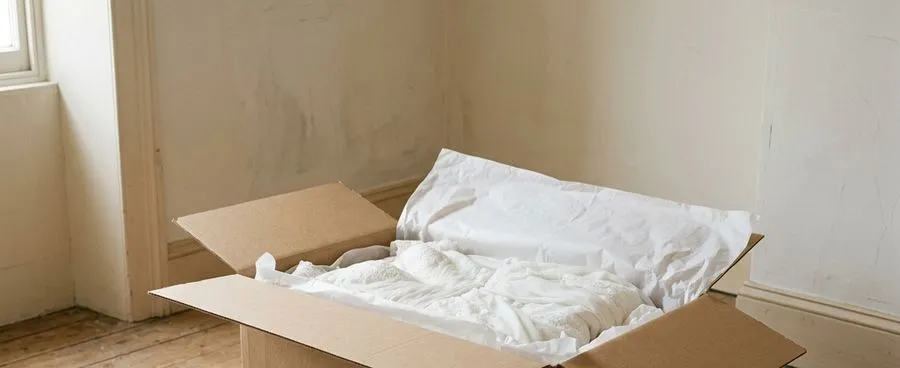 A wedding dress shipping box with its lid open beside folded tissue paper, representing an overseas online dress order arriving at home.