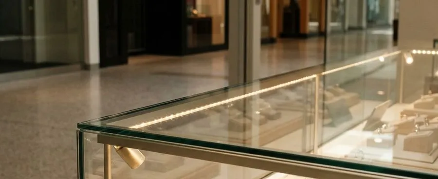 Engagement rings in a mall jewelry store display case, with in-store financing signage on the counter