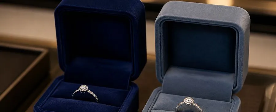 Two similar ring boxes side by side on a jewelry counter, representing sibling brands under one parent company.