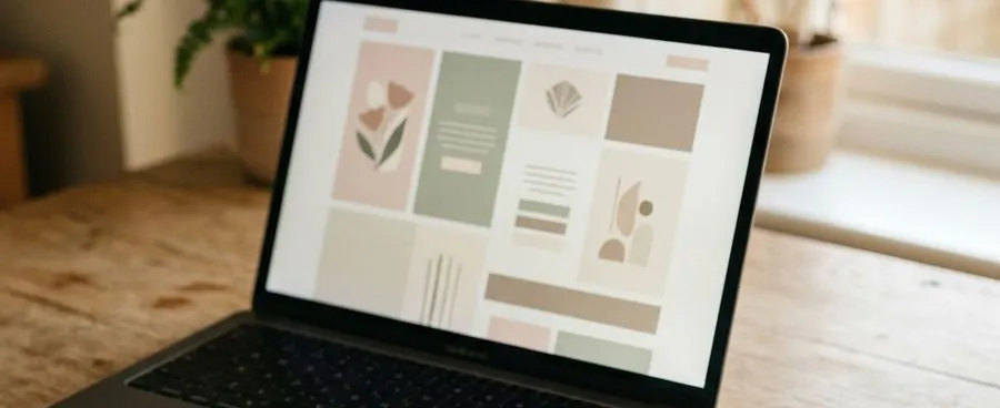 A laptop open to a plain wedding-website layout beside a closed paper invitation on a bare desk.