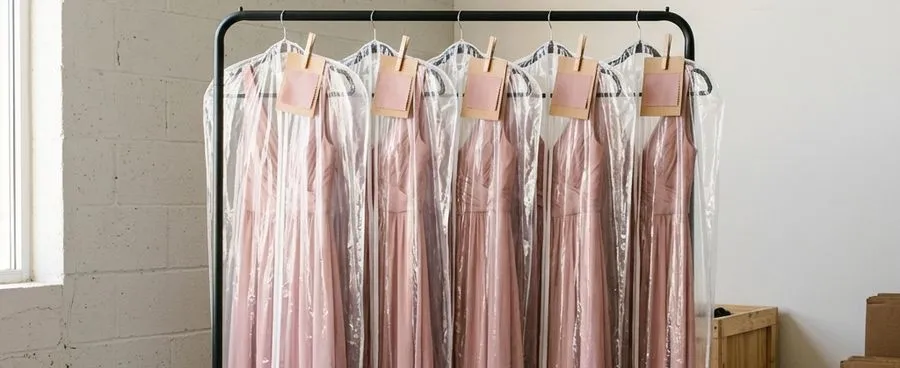 Bridesmaid dresses in matching color on a rack with swatch cards attached, held together before shipping.