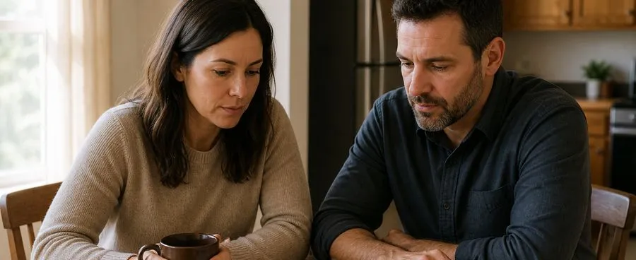 A couple planning their wedding budget together at home.