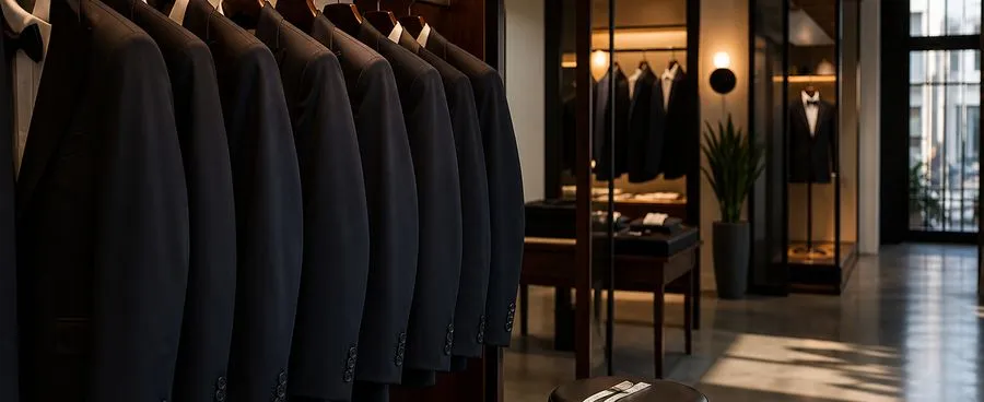A row of tuxedo jackets on a garment rail in a quiet in-store fitting area.