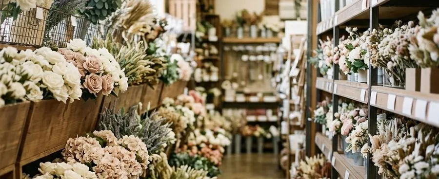 Shelves of artificial and dried wedding-color flower stems in a craft-store aisle.
