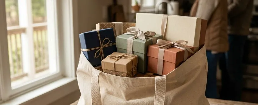 A tote bag holding gift boxes from several different stores gathered onto one gift list, representing MyRegistry's aggregator registry model.
