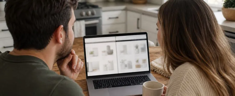 Couple comparing two wedding registry websites side by side on a laptop at their kitchen table.