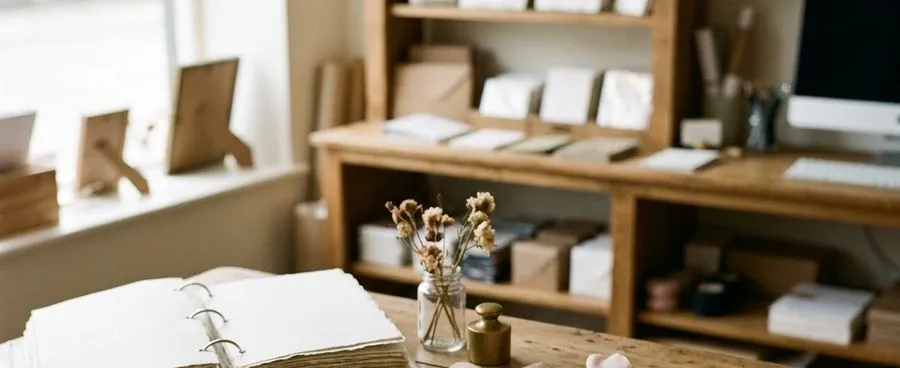 A stationery shop consultation table with wedding invitation samples spread across a wood counter.