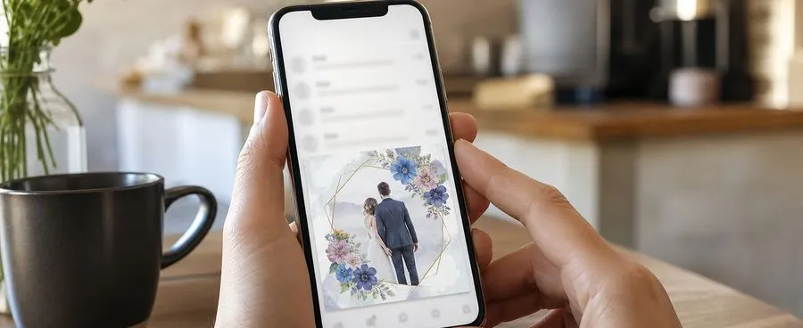 A smartphone displaying a colorful digital wedding invitation open in an email inbox.