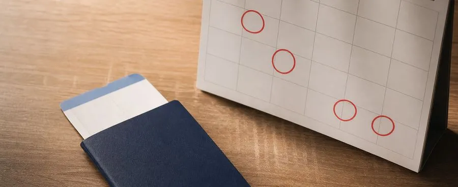 A passport and boarding pass on a desk beside a calendar with circled deadline dates.