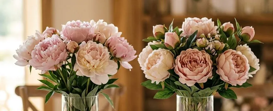 A fresh and a silk floral centerpiece styled side by side on a reception table.