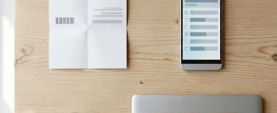 Four objects on a table - a receipt, a phone, a coin jar and a closed laptop with an envelope - representing four different registry types.