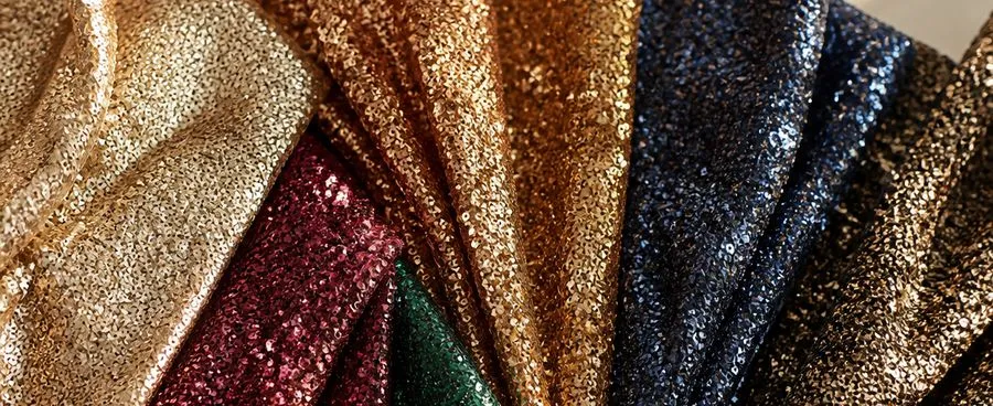 Overhead view of metallic and sequin fabric swatches fanned across a flat surface.