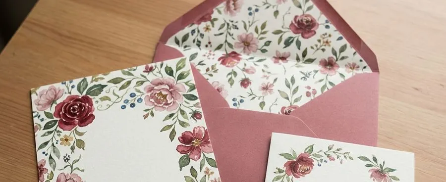 A hand-painted floral wedding invitation suite on a wooden tabletop.