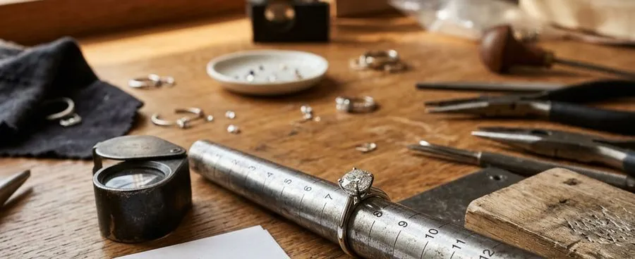 An engagement ring on a sizing mandrel beside setting-style reference cards and a jeweler's loupe.
