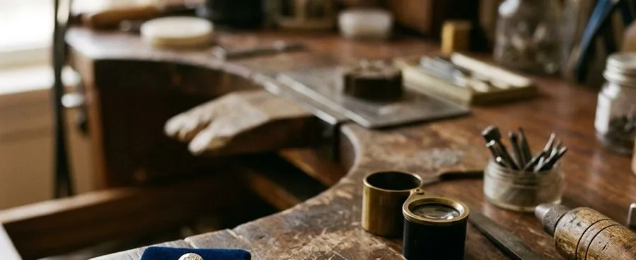 A loose diamond and an empty ring setting laid out separately on a jeweler's workbench, representing a custom ring-building process.