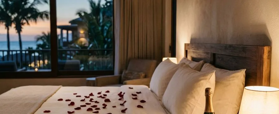 A turned-down resort bed with sparkling wine and rose petals, the items included in Sandals & Beaches' free honeymoon package.