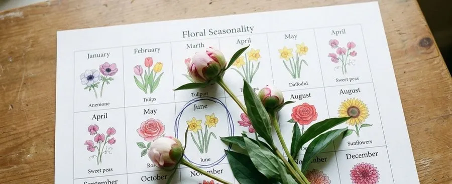 A wedding flower seasonality chart with one month circled, peony stems laid across the page