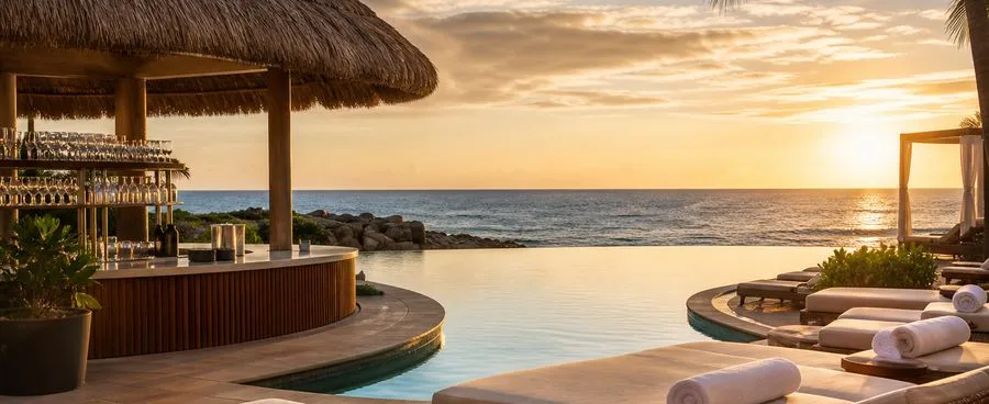 Empty infinity pool and thatched swim-up bar at an adults-only all-inclusive resort at golden hour.