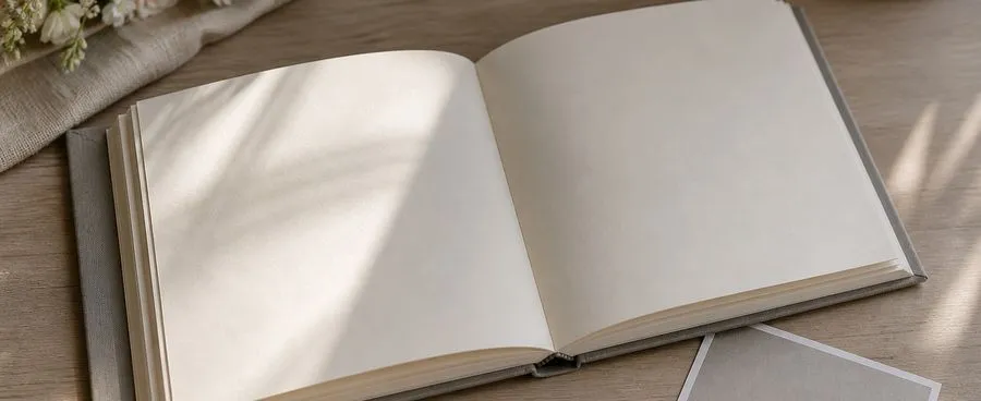 An open hardcover wedding photo book on a wood table with a loose printed photo beside it.