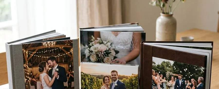 Three wedding photo albums with different cover finishes compared side by side.