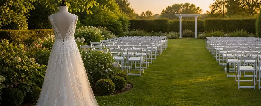 A wedding gown on a dress form beside an empty outdoor garden aisle at golden hour