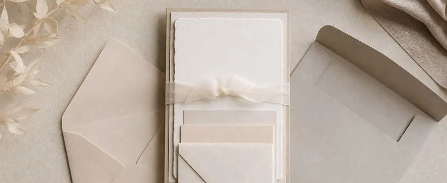 Wedding invitation suite pieces stacked in assembly order before sealing the envelope.