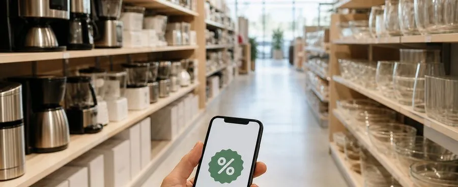 A phone showing a percentage-off badge held in a deserted big-box store aisle stocked with kitchenware.