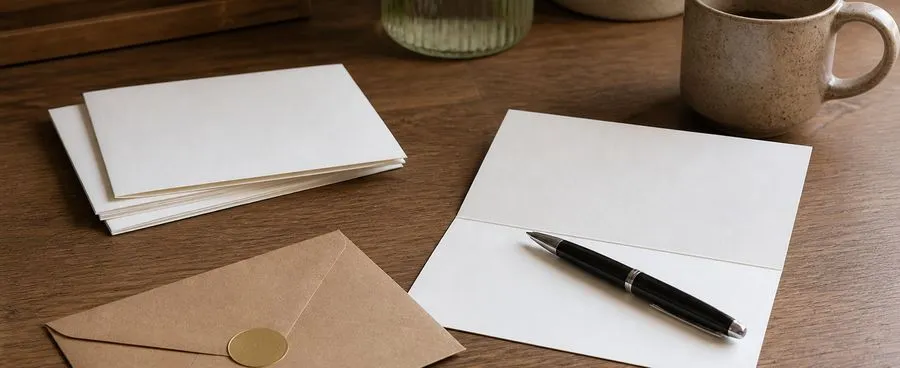 Handwritten wedding thank-you cards in progress on a desk, with pen, envelopes, and stamps.