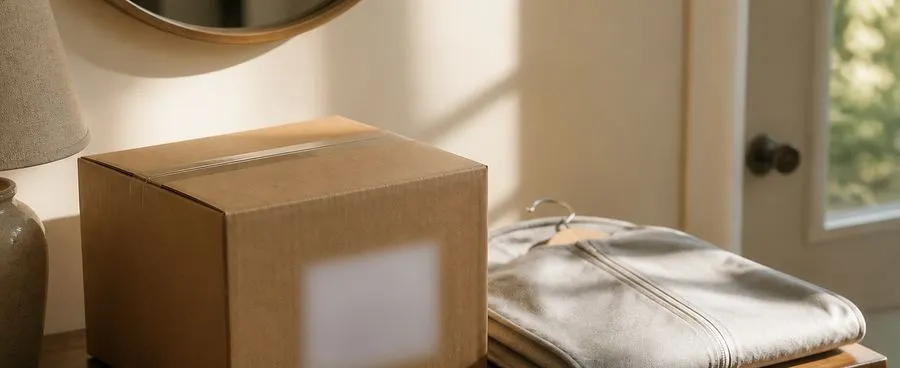 A Black Tux rental garment box and suit bag on an entryway table, the kind of delivery that starts a 3-day return countdown.
