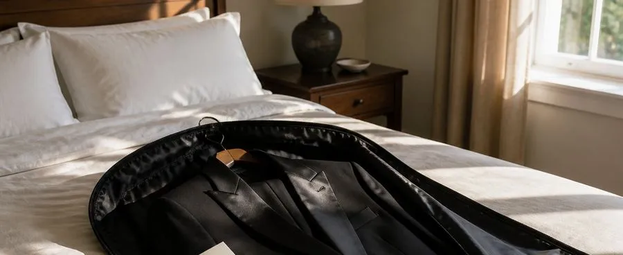 An open tuxedo rental garment bag with a blank slip of paper tucked in its pocket, representing the fine print behind a quoted rental price.