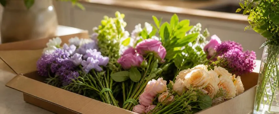 A farm-direct flower delivery box from The Bouqs Co. opened on a kitchen counter.