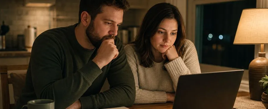 Couple reviewing a wedding budget and checklist together at a kitchen table at night.