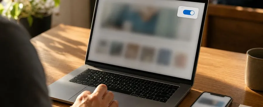 A laptop and a phone open on a desk beside a folded paper receipt, one on-screen button in sharp focus.