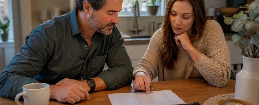 A couple compares three wedding-planning apps side by side on their phones and a tablet at a kitchen table.
