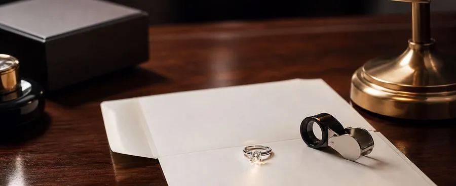 A diamond engagement ring resting on an opened certificate document on a wood desk.