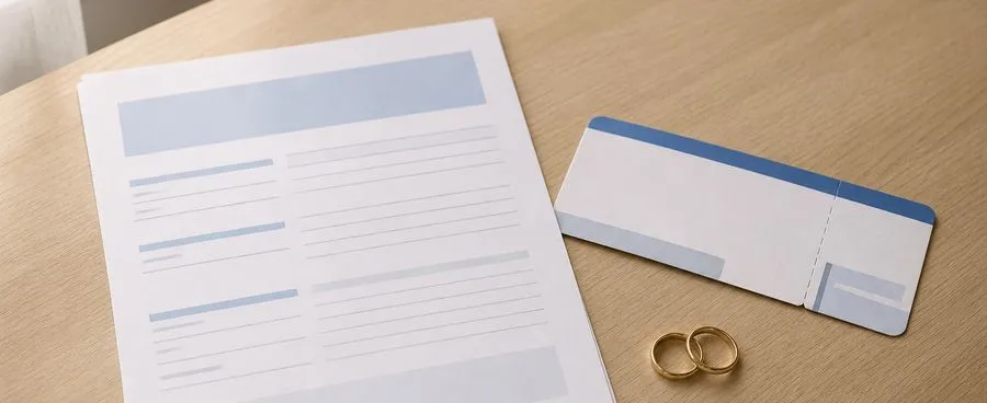 Travel insurance paperwork and a boarding pass on a desk beside wedding rings, representing honeymoon trip protection.