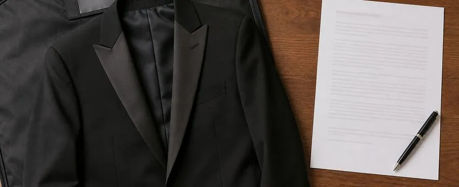 A rented tuxedo and its printed rental agreement laid out together