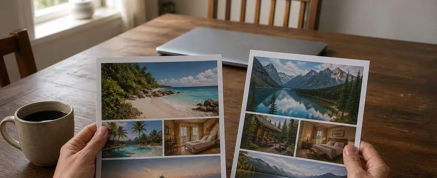 Comparing two honeymoon itinerary printouts before booking through a travel agent.