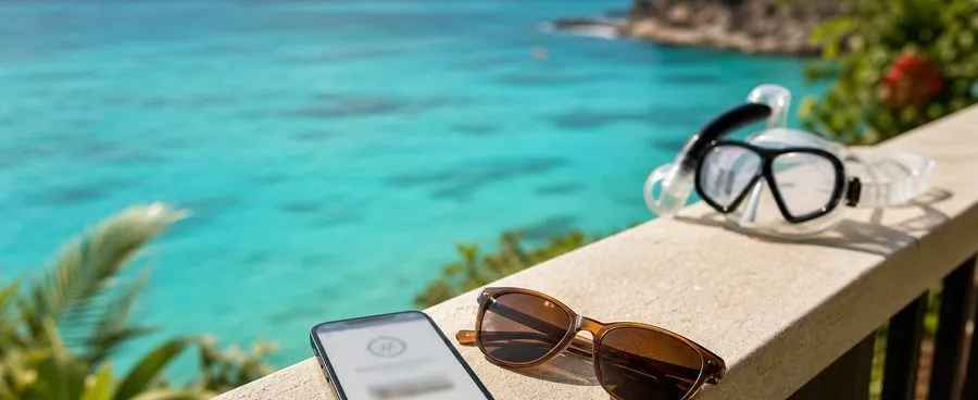 A phone showing a blurred booking confirmation rests on a hotel balcony railing above the sea.