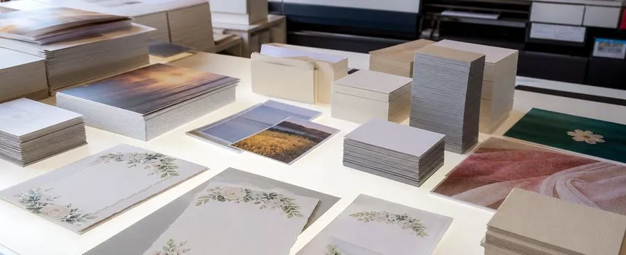 Wedding invitation proofs on a light table beside stacks of business cards in a busy small-business print shop.